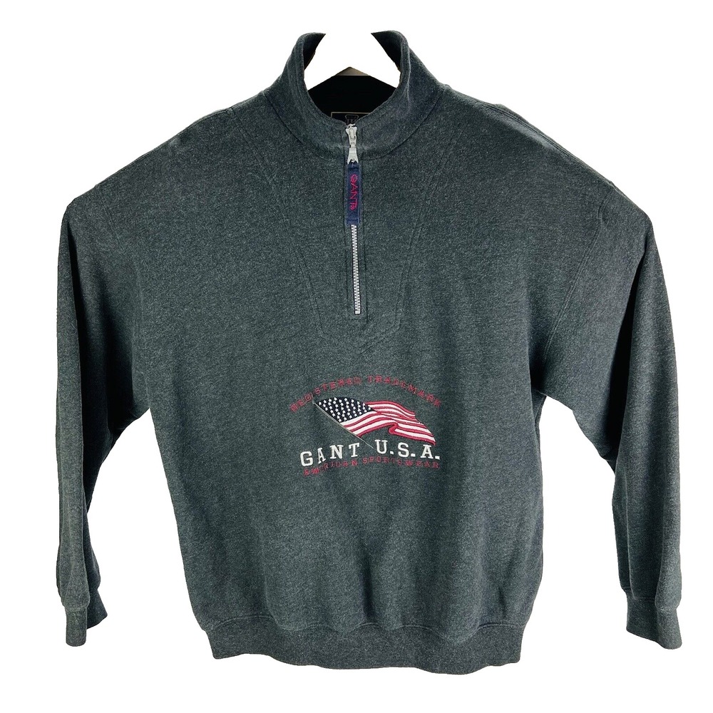 VTG GANT USA Grey Flag Embroidered 1/4 Zip Cotton Pullover Sweater Size Large L